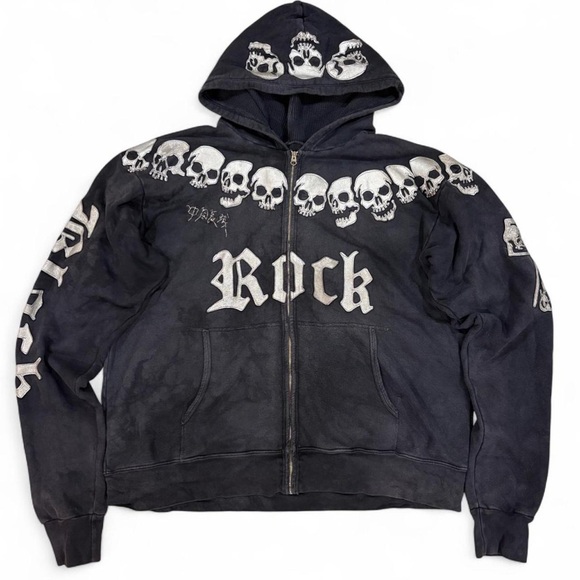 Y2K Vintage The Great China Wall Leather Skull & Cross Rock Hoodie